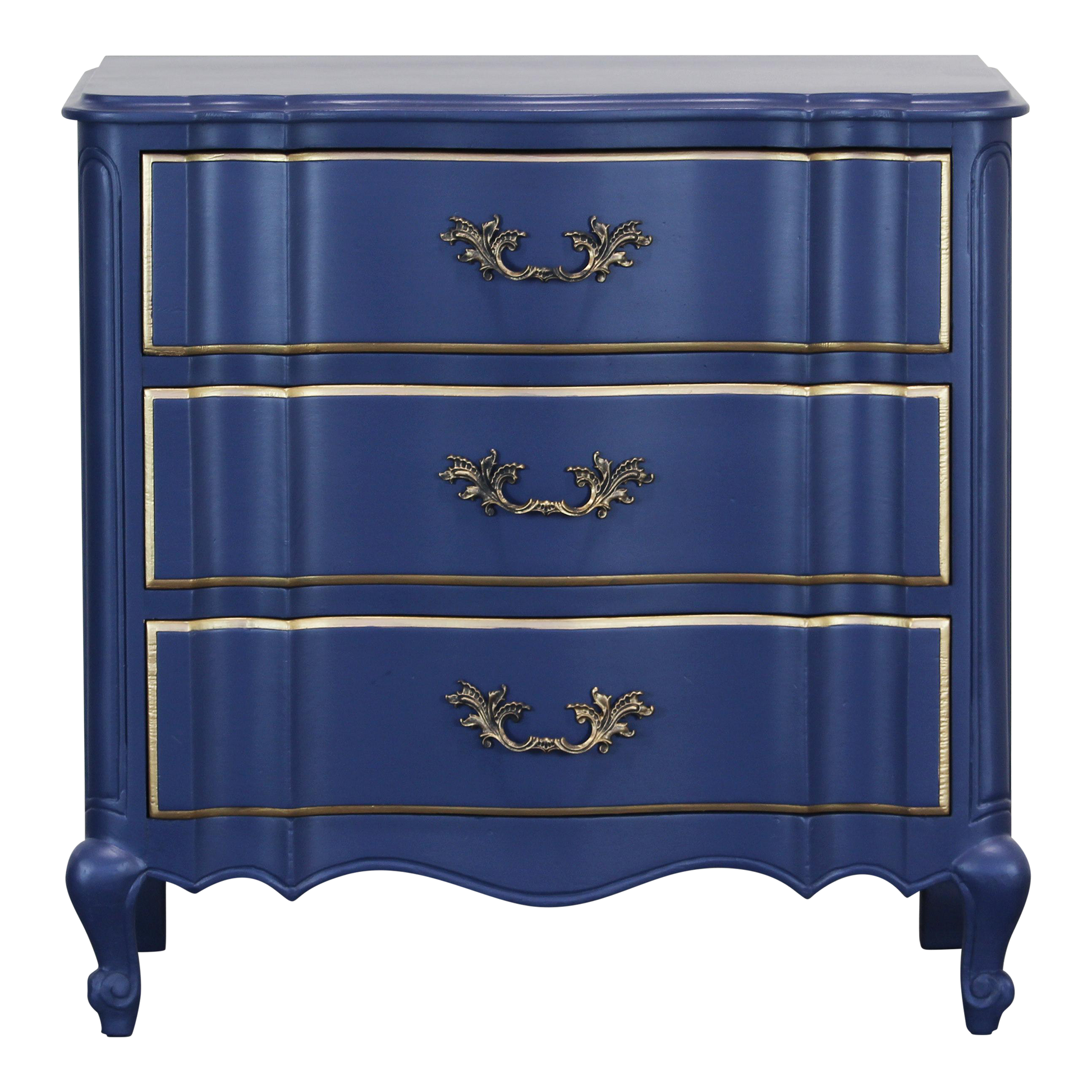 Vintage French style nightstand.  This nightstand is solid built with dovetail joints, is professionally refinished in blue with a satin finish and gold painted accents.  Dimensions; 29" Width x 17"Depth x 28" Height. 