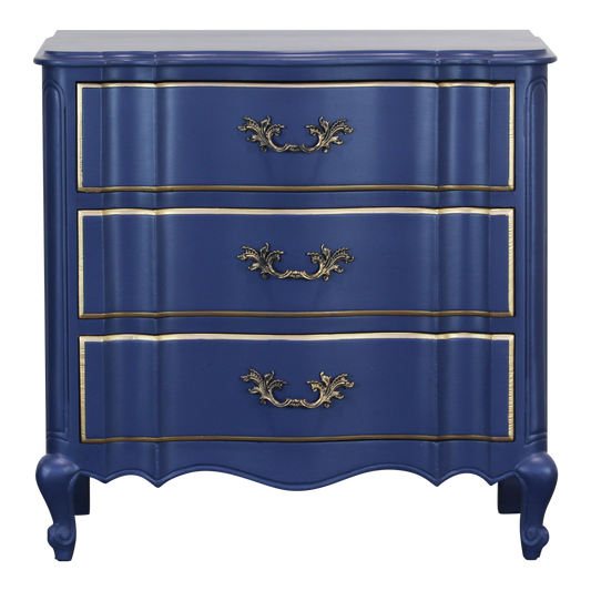 Vintage French style nightstand.  This nightstand is solid built with dovetail joints, is professionally refinished in blue with a satin finish and gold painted accents.  Dimensions; 29" Width x 17"Depth x 28" Height. 