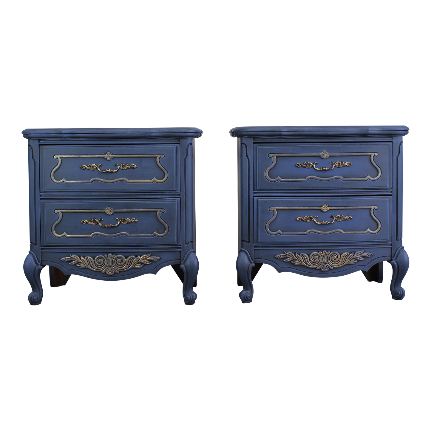 Vintage pair of French style nightstands of two drawers.  The nightstand are professionally refinished in blue with gold painted accents in an antique glaze.  Dimensions; 26" With x 15" Depth x 25" Height. 