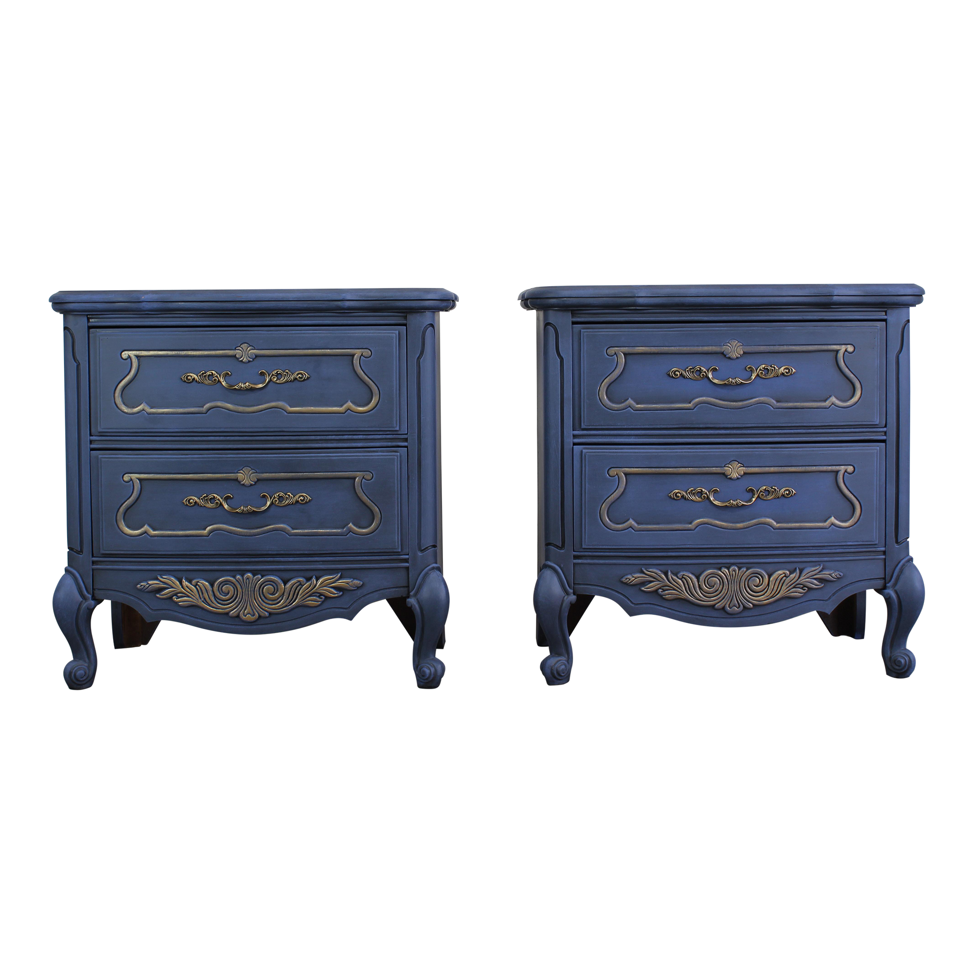 Vintage pair of French style nightstands of two drawers.  The nightstand are professionally refinished in blue with gold painted accents in an antique glaze.  Dimensions; 26" With x 15" Depth x 25" Height. 