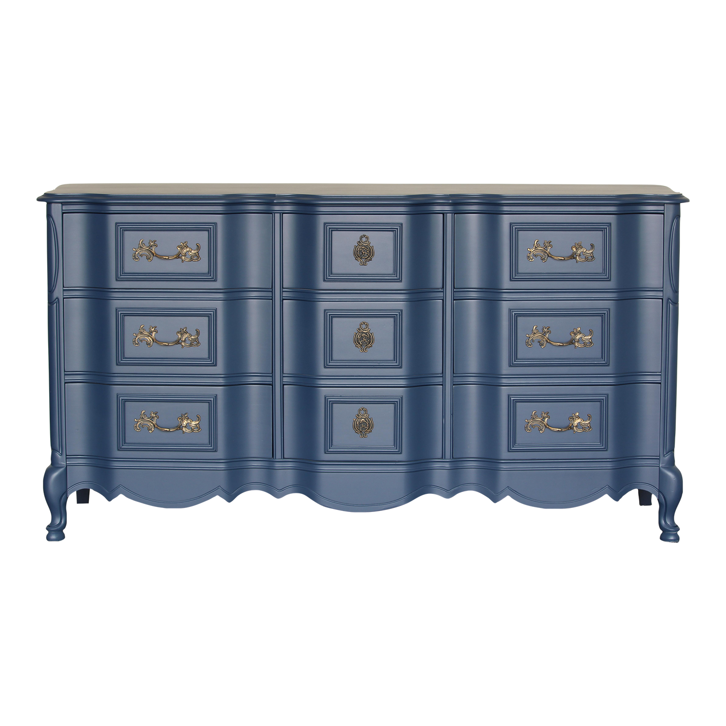 Vintage French Style solid built dresser of nine drawers with metal hardware.  This dresser was professionally refurbished in a blue with satin finish and gold painted hardware.  Dimensions; 64"Width x 20" Depth x 34" Height. 