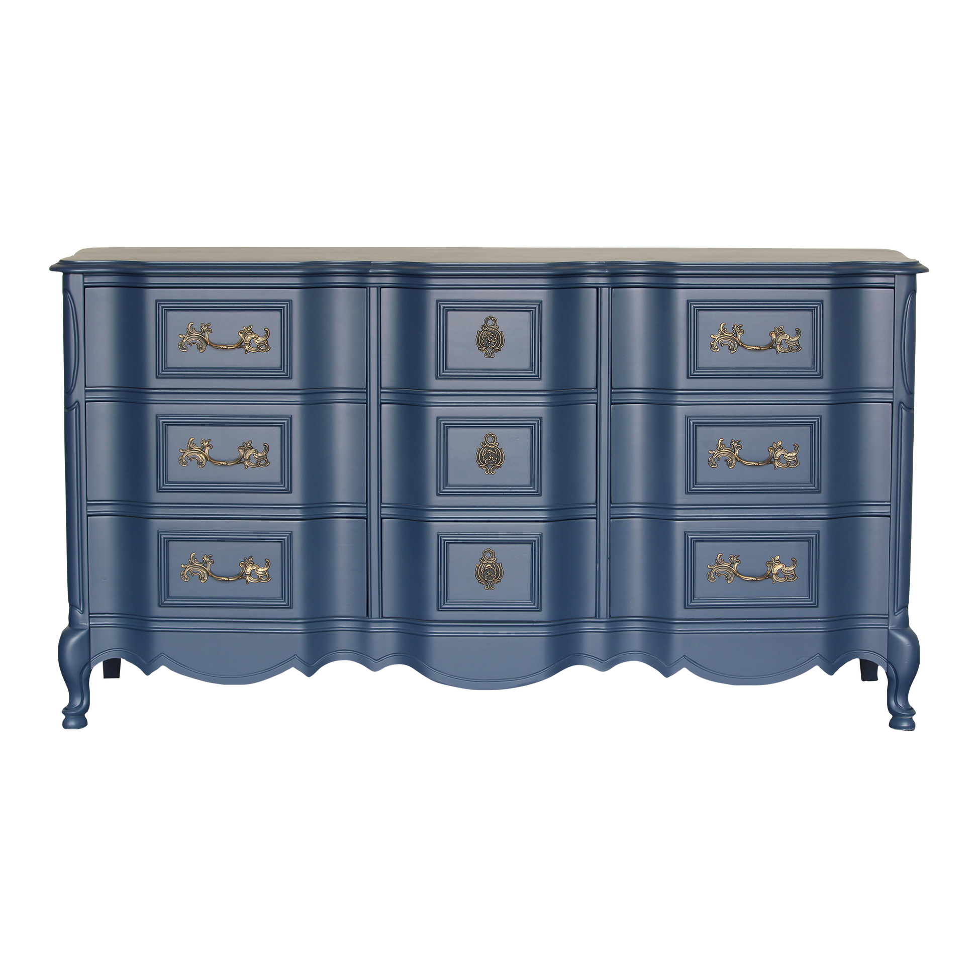 Vintage French Style solid built dresser of nine drawers with metal hardware.  This dresser was professionally refurbished in a blue with satin finish and gold painted hardware.  Dimensions; 64"Width x 20" Depth x 34" Height. 