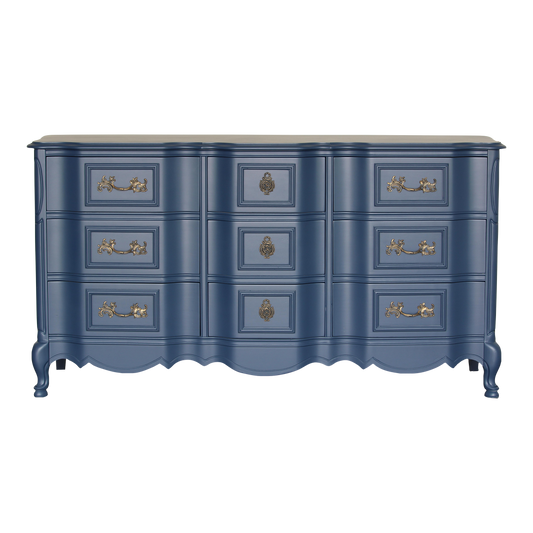 Vintage French Style solid built dresser of nine drawers with metal hardware.  This dresser was professionally refurbished in a blue with satin finish and gold painted hardware.  Dimensions; 64"Width x 20" Depth x 34" Height. 