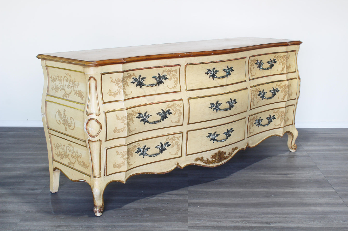Vintage French Style Cream Dresser of Nine Drawers