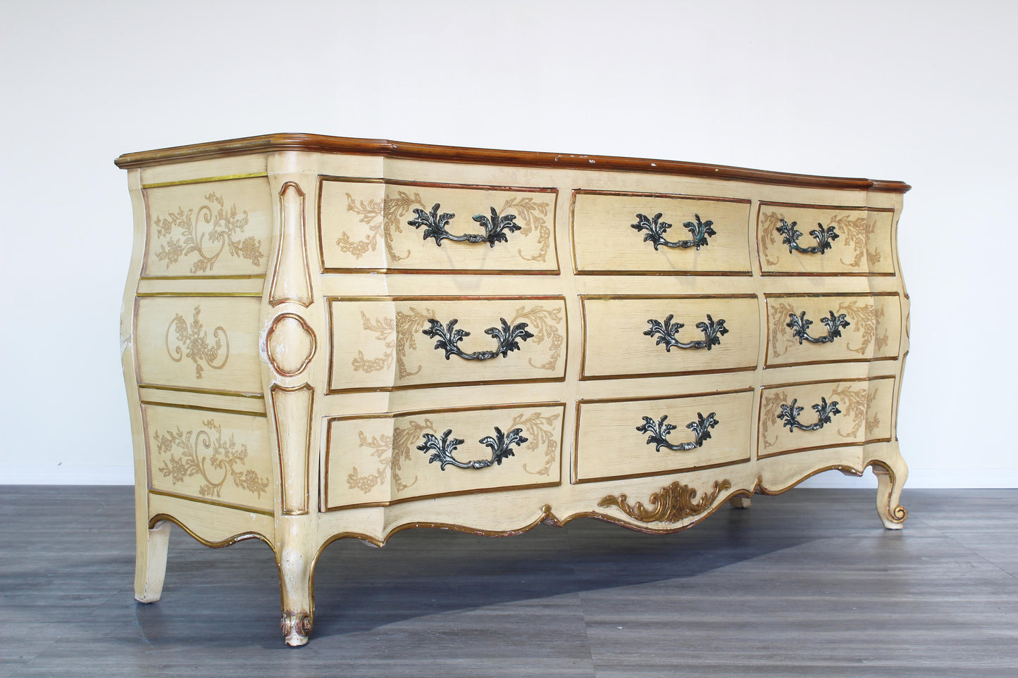 Vintage French Style Cream Dresser of Nine Drawers