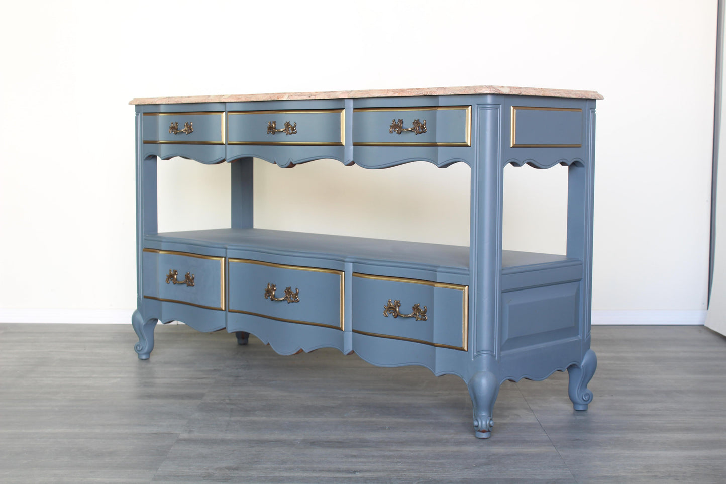 Vintage French Style Gray Console Table With Marble Top