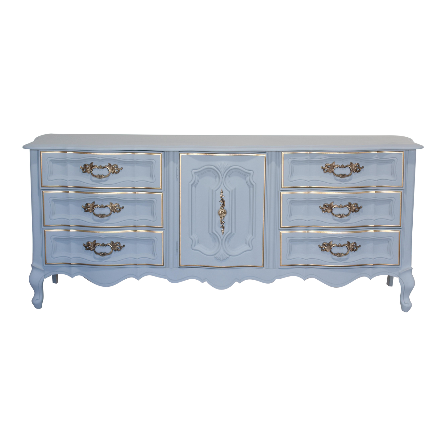 Vintage French provincial dresser of nine drawers.  This is a solid built dresser with dovetail joints, professionally refinished in gray with gold painted accents.  Dimensions; 72" Width x 19" Depth x 31" Height. 