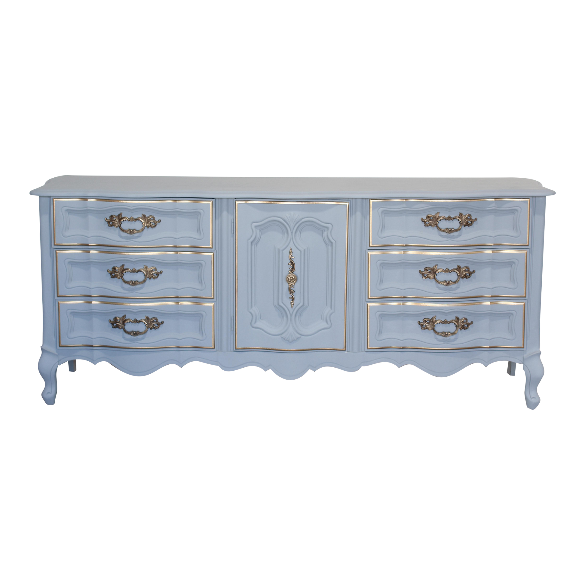 Vintage French provincial dresser of nine drawers.  This is a solid built dresser with dovetail joints, professionally refinished in gray with gold painted accents.  Dimensions; 72" Width x 19" Depth x 31" Height. 