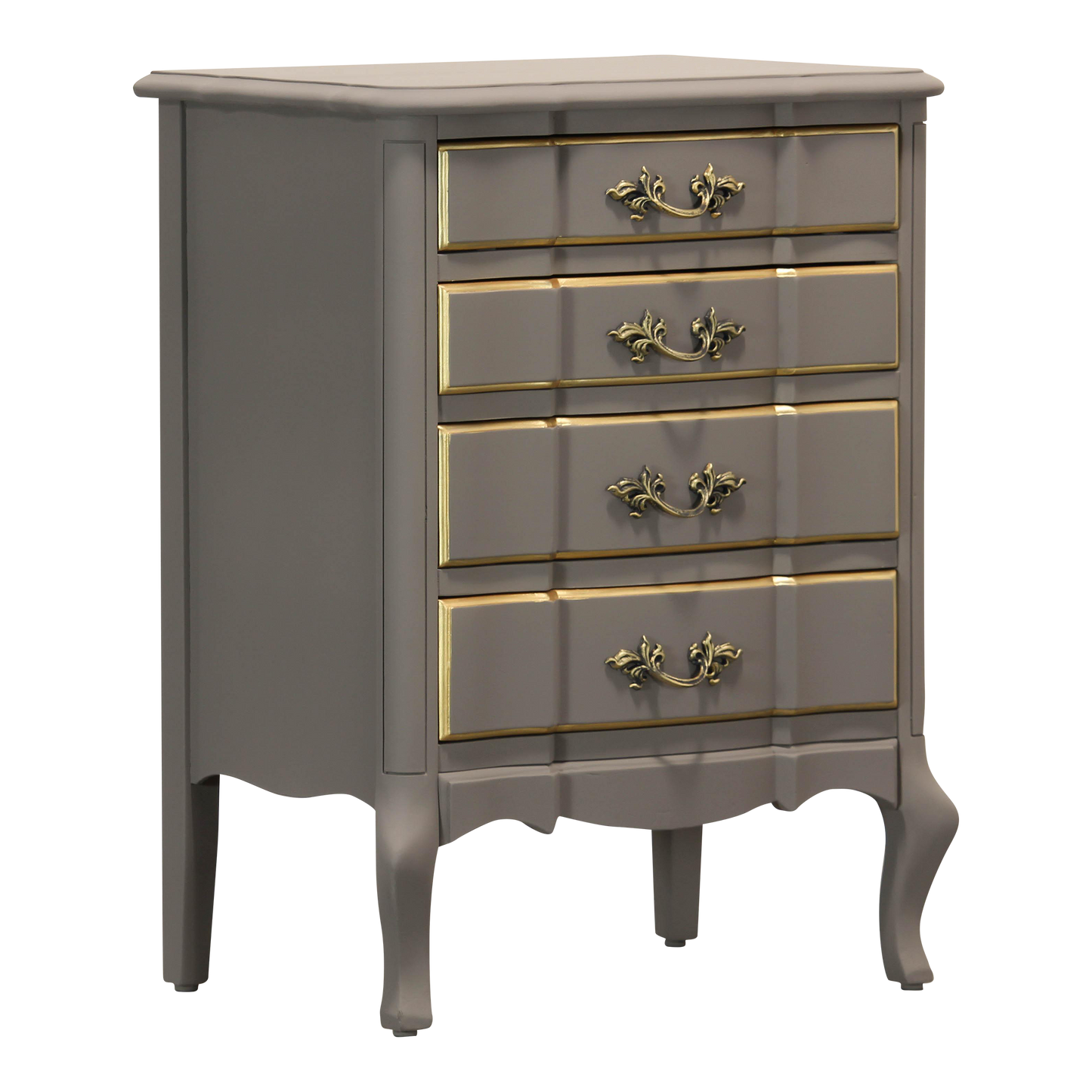 Vintage French style Solid built nightstand. This nightstand is professionally refinished in greige taupe and gold painted accents with a  satin finish.  Dimensions: 20"Width x 15"Depth x 28"Height. 