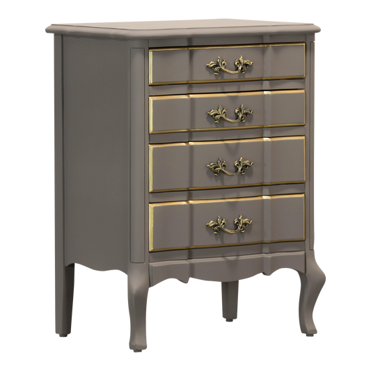 Vintage French style Solid built nightstand. This nightstand is professionally refinished in greige taupe and gold painted accents with a  satin finish.  Dimensions: 20"Width x 15"Depth x 28"Height. 