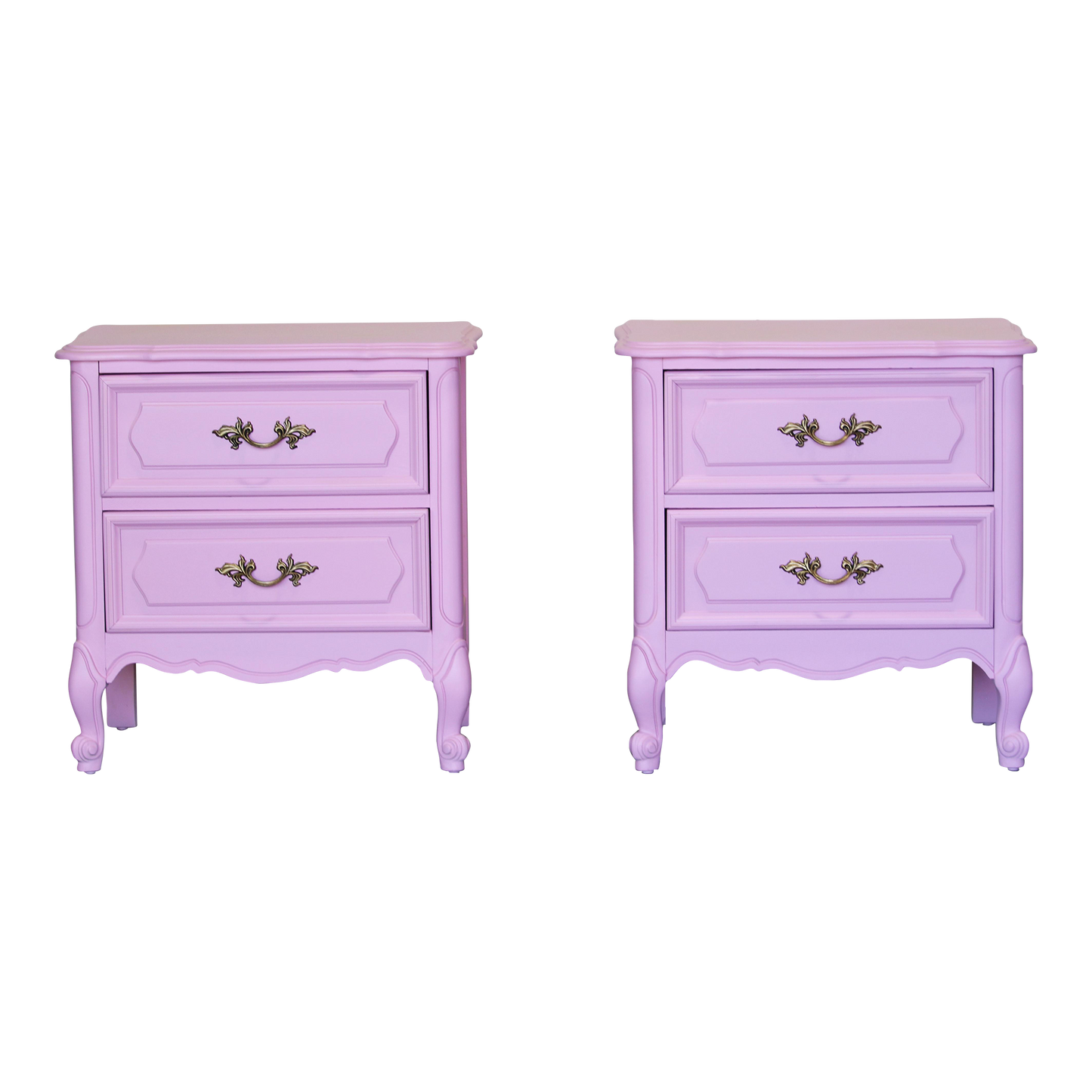 Pair of solid built French style nightstands of two drawers.  The nightstands are professionally refinished in a cotton candy pink with a satin finish.  Dimensions; 24" Width x 16" Depth x 25" Height. 