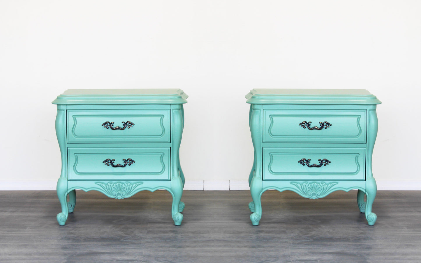 Vintage pair of solid built seafoam green nightstands.  Dimensions; 26" Width x 18" Depth x 25" Height. 