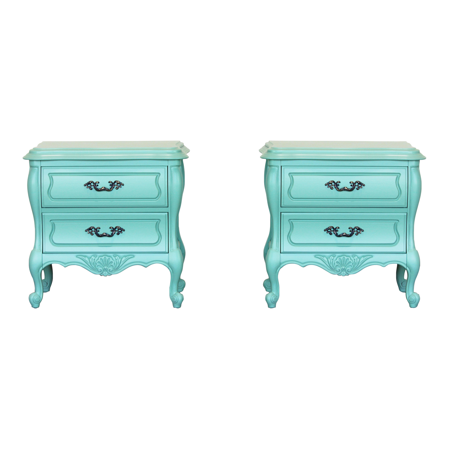 Vintage pair of solid built seafoam green nightstands.  Dimensions; 26" Width x 18" Depth x 25" Height. 