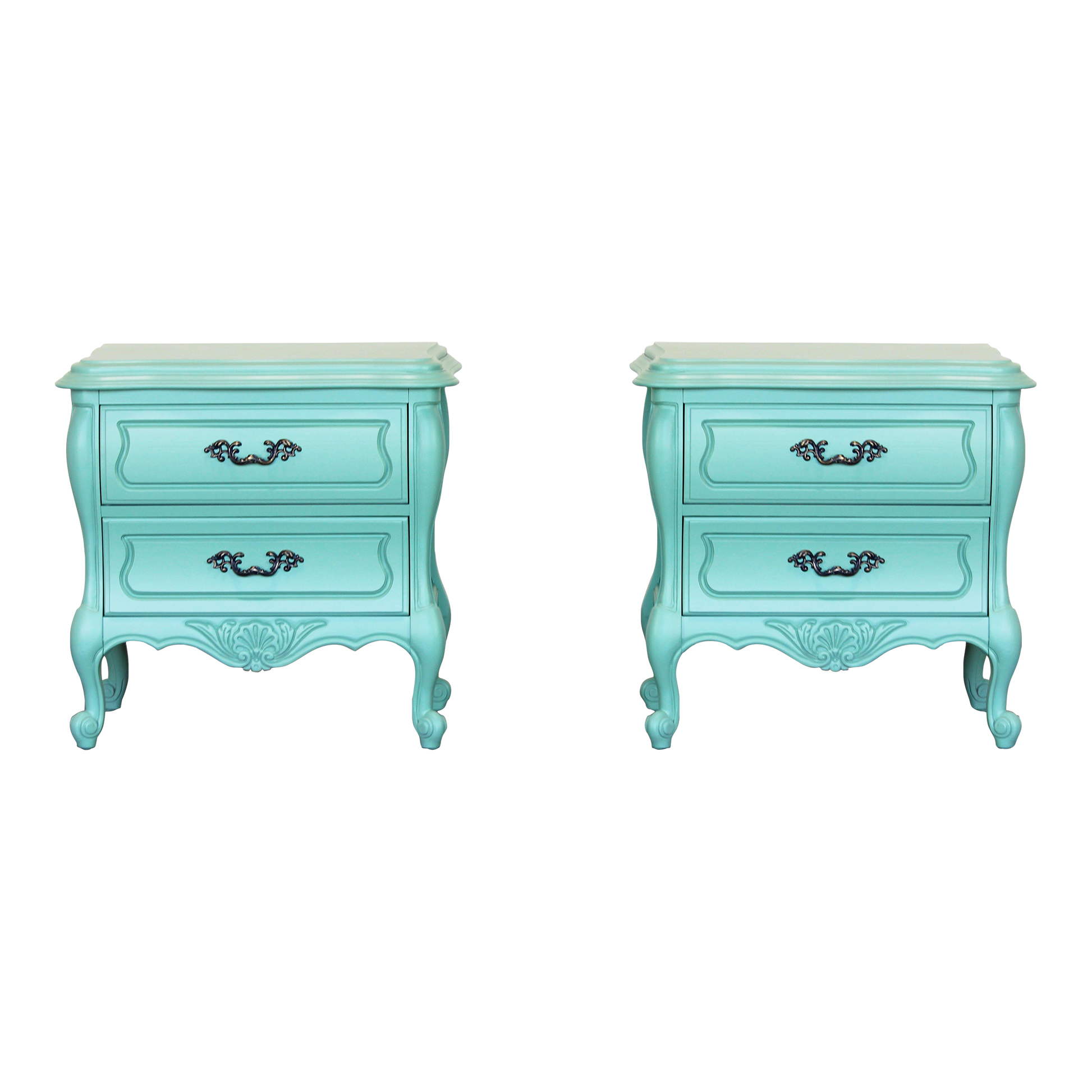 Vintage pair of solid built seafoam green nightstands.  Dimensions; 26" Width x 18" Depth x 25" Height. 