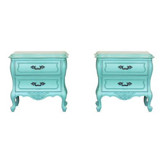 Vintage pair of solid built seafoam green nightstands.  Dimensions; 26" Width x 18" Depth x 25" Height. 