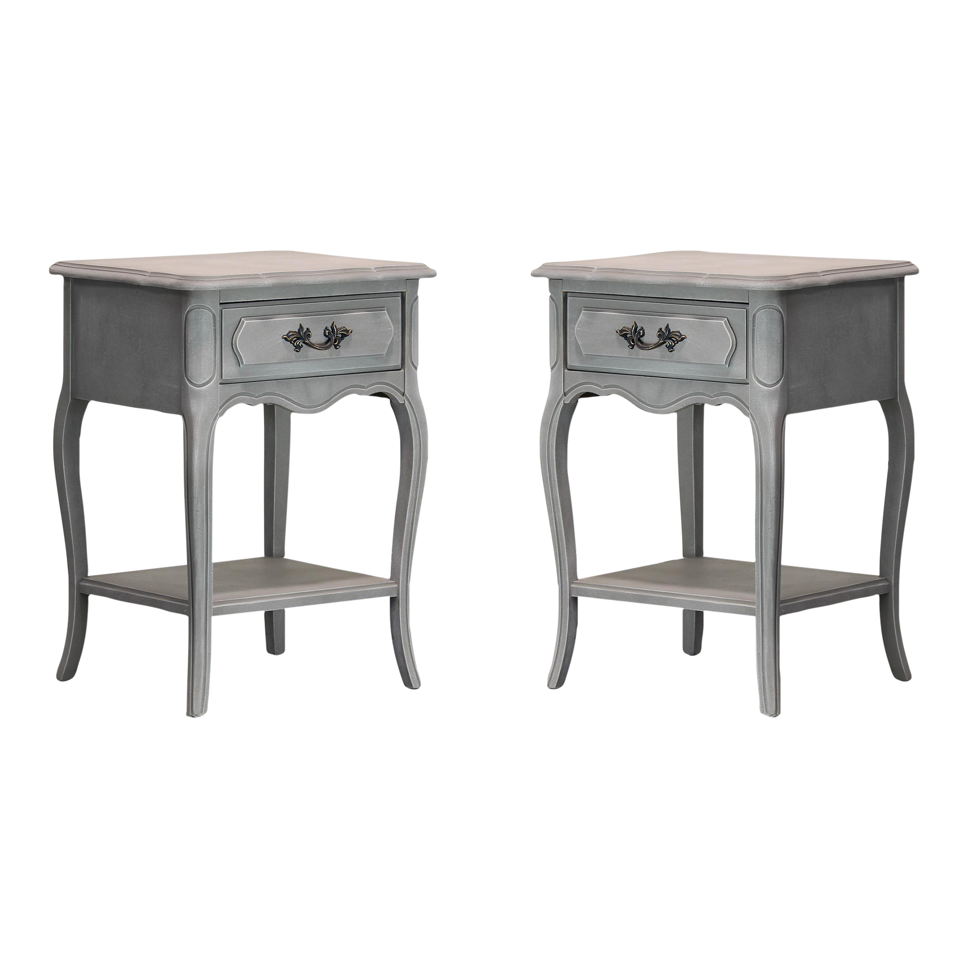 Pair of vintage French style side tables with single drawer.  These tables are newly painted in greige taupe with dry-brushed finish.  Dimensions; 16"Width x 14"Depth x 26"Height. 