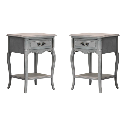 Pair of vintage French style side tables with single drawer.  These tables are newly painted in greige taupe with dry-brushed finish.  Dimensions; 16"Width x 14"Depth x 26"Height. 