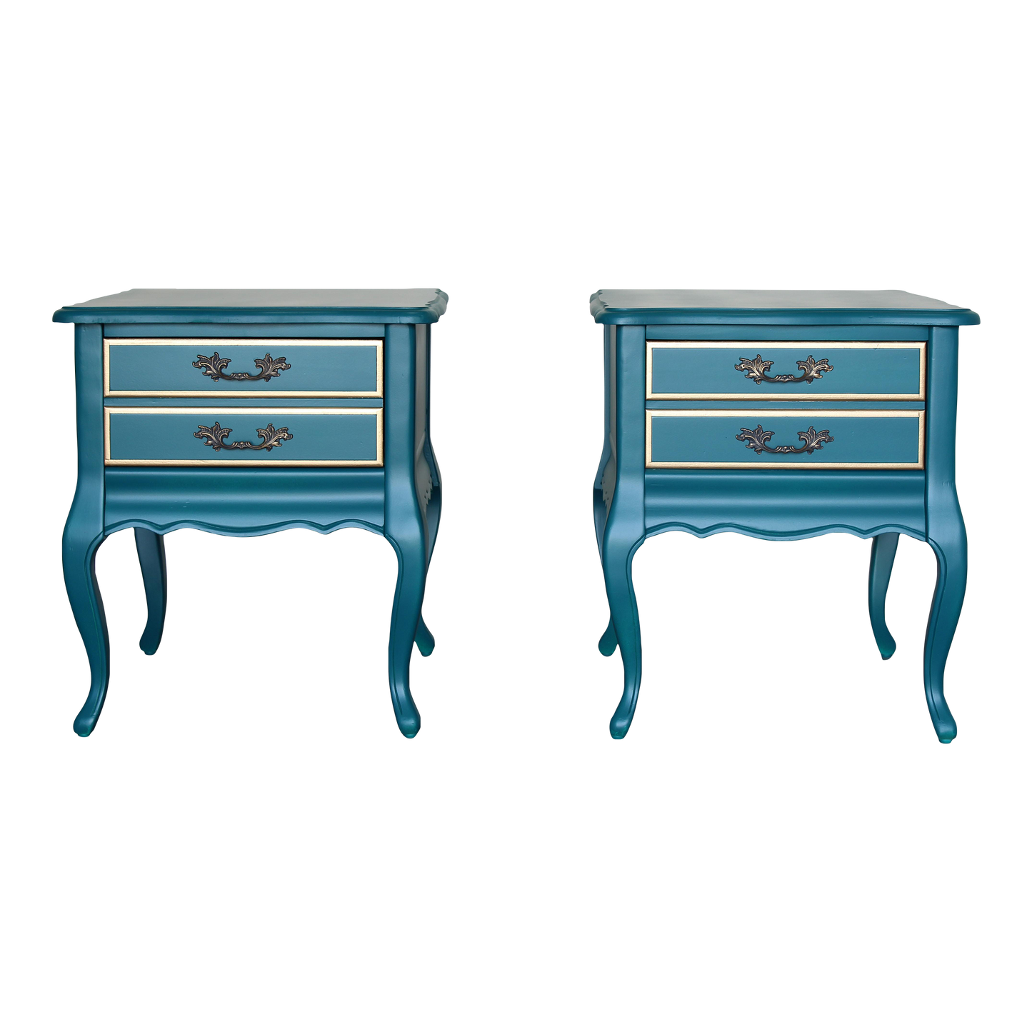 Vintage French style nightstands of single drawers.  The nightstands are professionally refinished in turquoise with gold painted accents in a satin finish.  Dimensions; 20"Width x 26" Depth x 23"Height. 