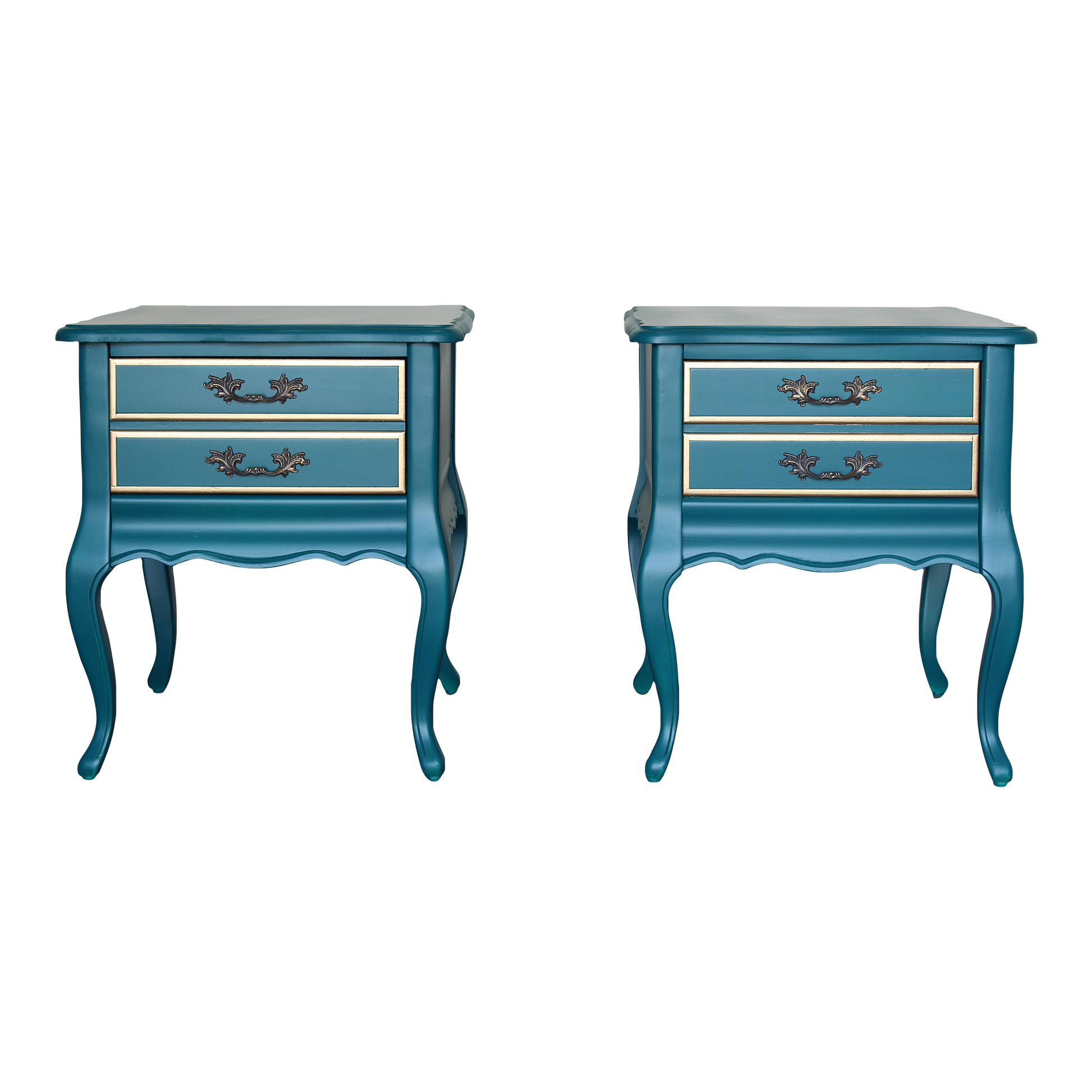 Vintage French style nightstands of single drawers.  The nightstands are professionally refinished in turquoise with gold painted accents in a satin finish.  Dimensions; 20"Width x 26" Depth x 23"Height. 