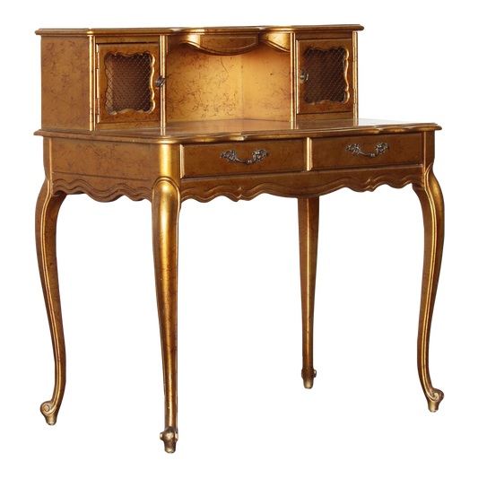 Vintage French style writing desk of two drawers.  Dimensions; 34" Width x 20" Depth x 40" Overall Height x 29" Height to Desk Surface. 