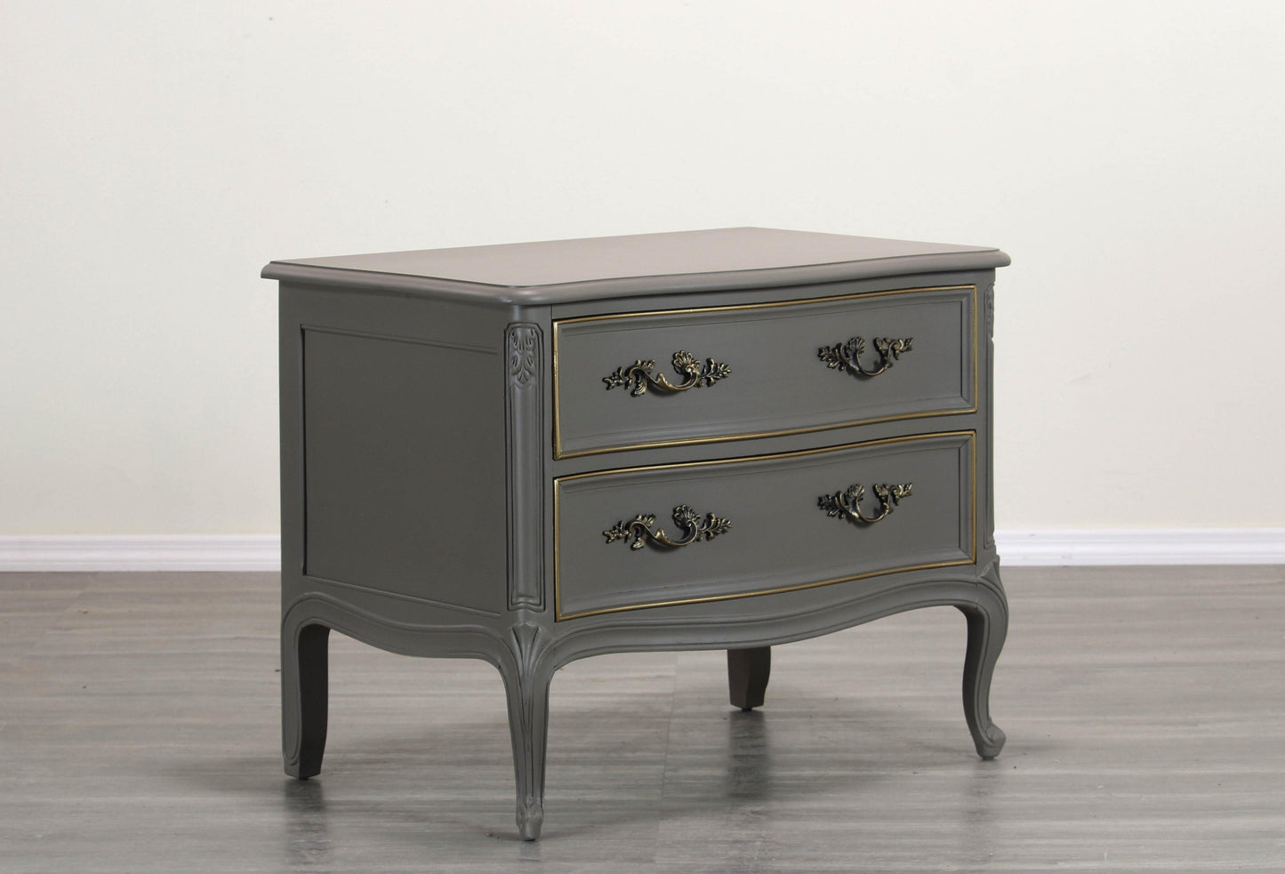 Vintage solid built nightstand with dovetail Joints, is professionally refinished in a greige taupe color with satin finish.  Dimensions: 30" Width x 20"Depth x 25"Height. 