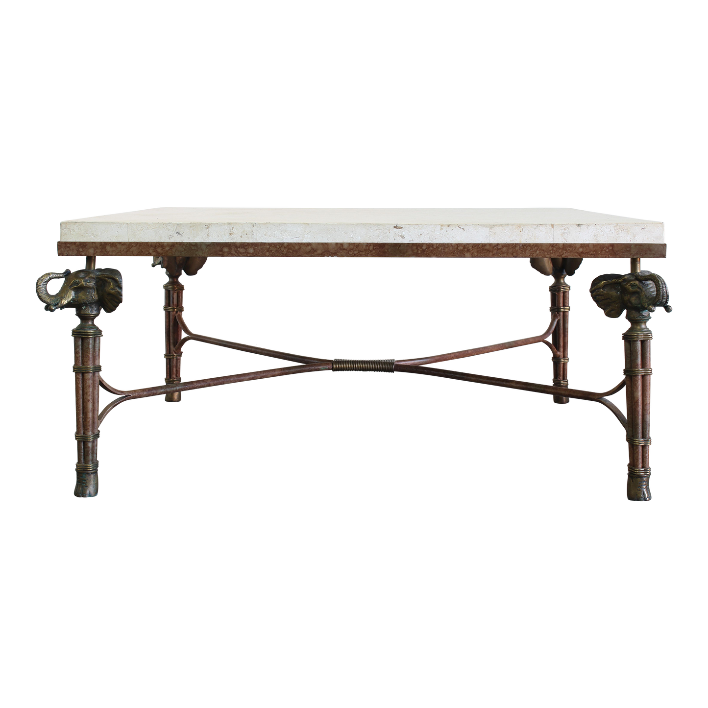 Vintage Maitland Smith metal coffee table with stone top.  This Maitland smith table has solid brass elephant finials and feet.  Dimensions; 37" Width x 37" Depth x 18" Height. 