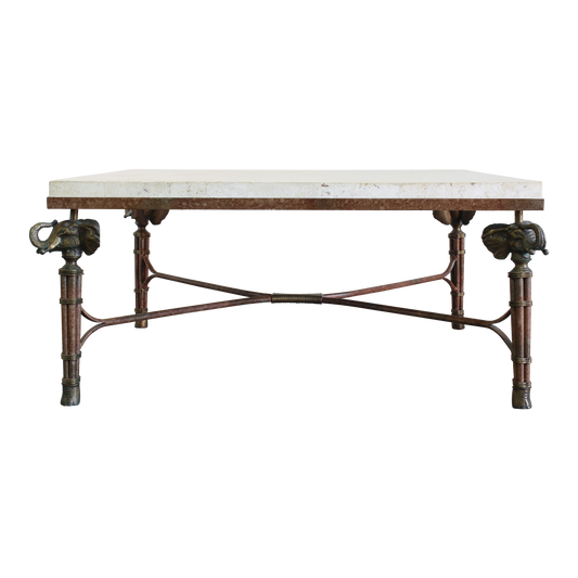 Vintage Maitland Smith metal coffee table with stone top.  This Maitland smith table has solid brass elephant finials and feet.  Dimensions; 37" Width x 37" Depth x 18" Height. 