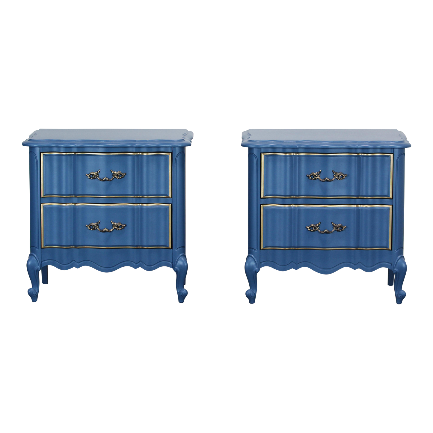 Pair of French provincial blue nightstands of two drawers.  The nightstands are professionally refinished in blue with gold painted accents in a satin finish.  Dimensions; 24" Width x 17"Depth x 24"Height. 