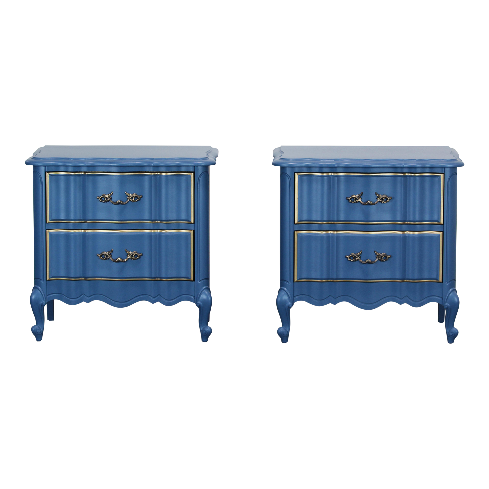 Pair of French provincial blue nightstands of two drawers.  The nightstands are professionally refinished in blue with gold painted accents in a satin finish.  Dimensions; 24" Width x 17"Depth x 24"Height. 