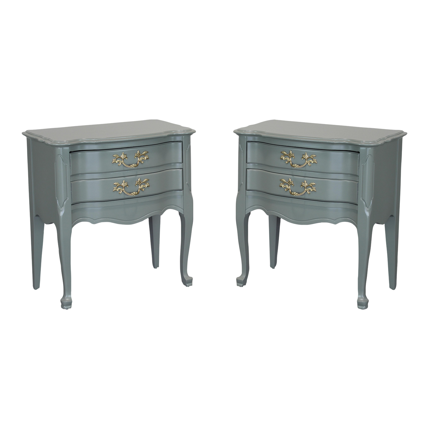 Vintage pair of French style nightstands of two drawers.  These nightstands are professionally refinished in green with satin top coat.  Dimensions: 24"Width x 14"Depth x 25"Height. 