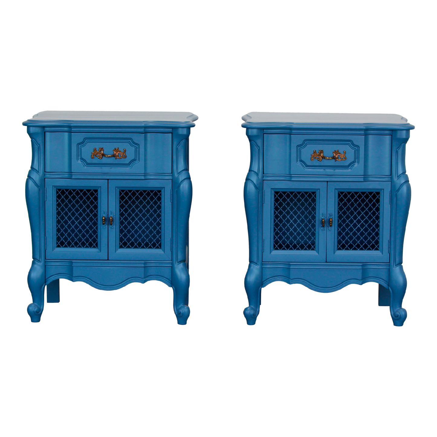 Vintage pair of French style nightstands.  The nightstands are solid built with dovetail joints, and are professionally refinished in blue with a satin finish.  Dimensions; 23" Width x 16"Depth x 28" Height. 