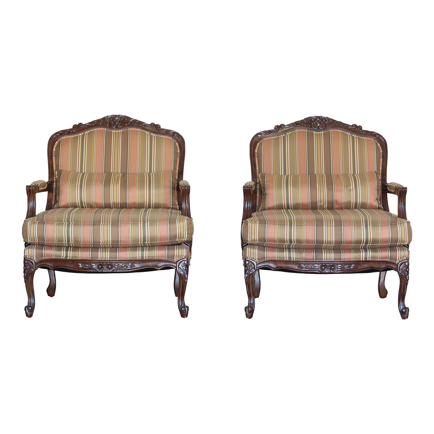 Vintage pair of Louis XV style club chairs.  These chair are solid built with acanthus leaf carving.  These chairs have nicely upholstery in a silk rayon.  Dimensions; 31"Width x 31" Width x 37"Height x 24"Arm Height x 18" Seat Height. 