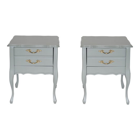 Vintage French style caledon green nightstands of one drawer.  These nightstands are professionally refinished in caledon green with a satin top coat.  Dimensions: 19"Width x 24"Depth x 23"Height. 