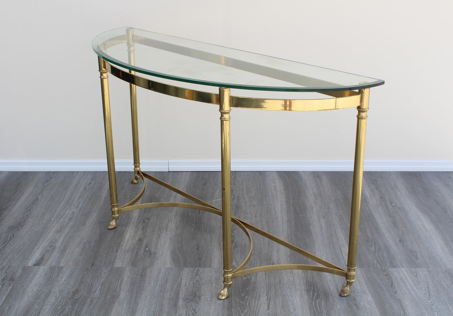 Vintage Solid Brass Italian Demilune Console Table With Rams Feet