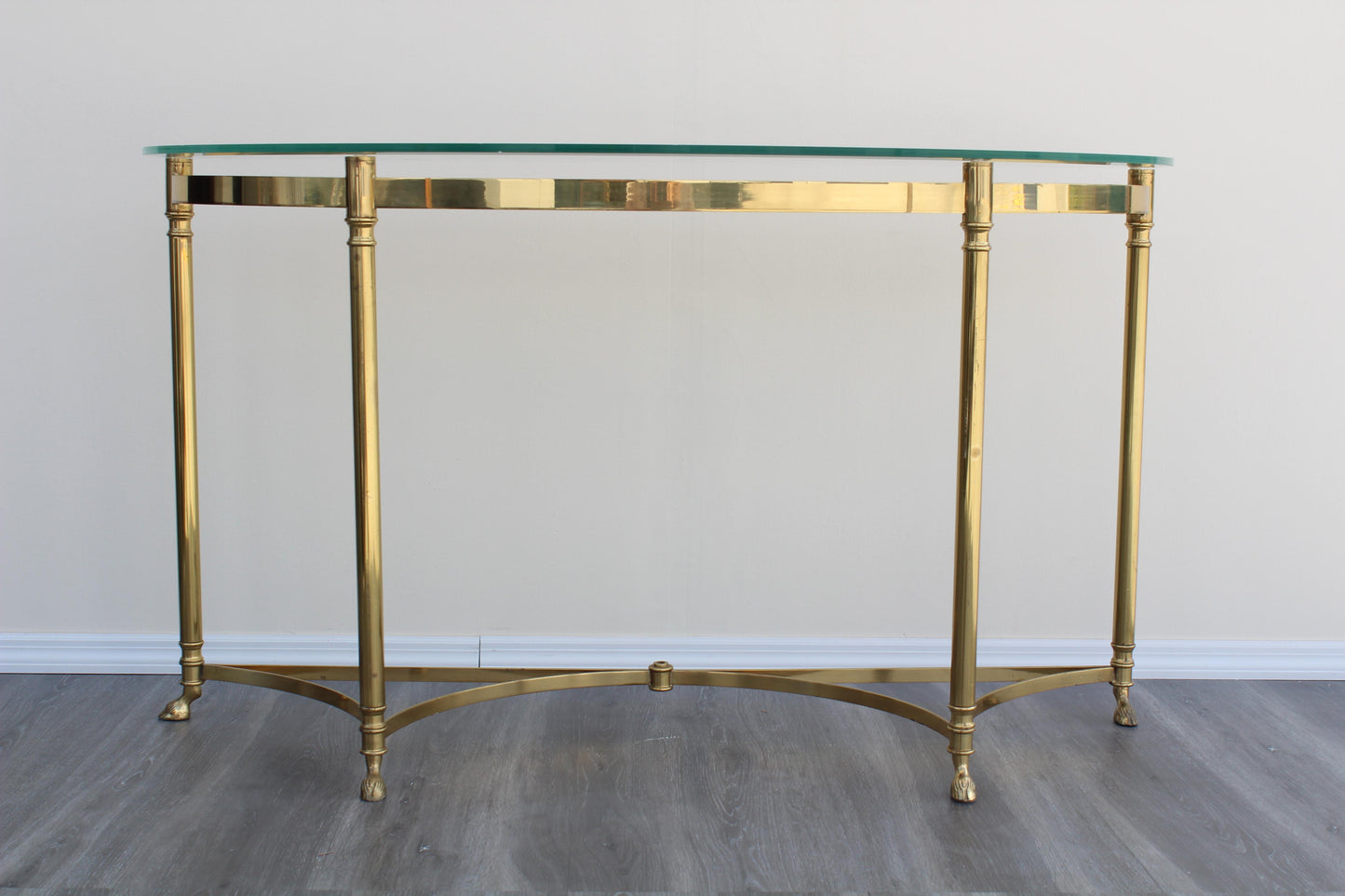 Vintage Solid Brass Italian Demilune Console Table With Rams Feet