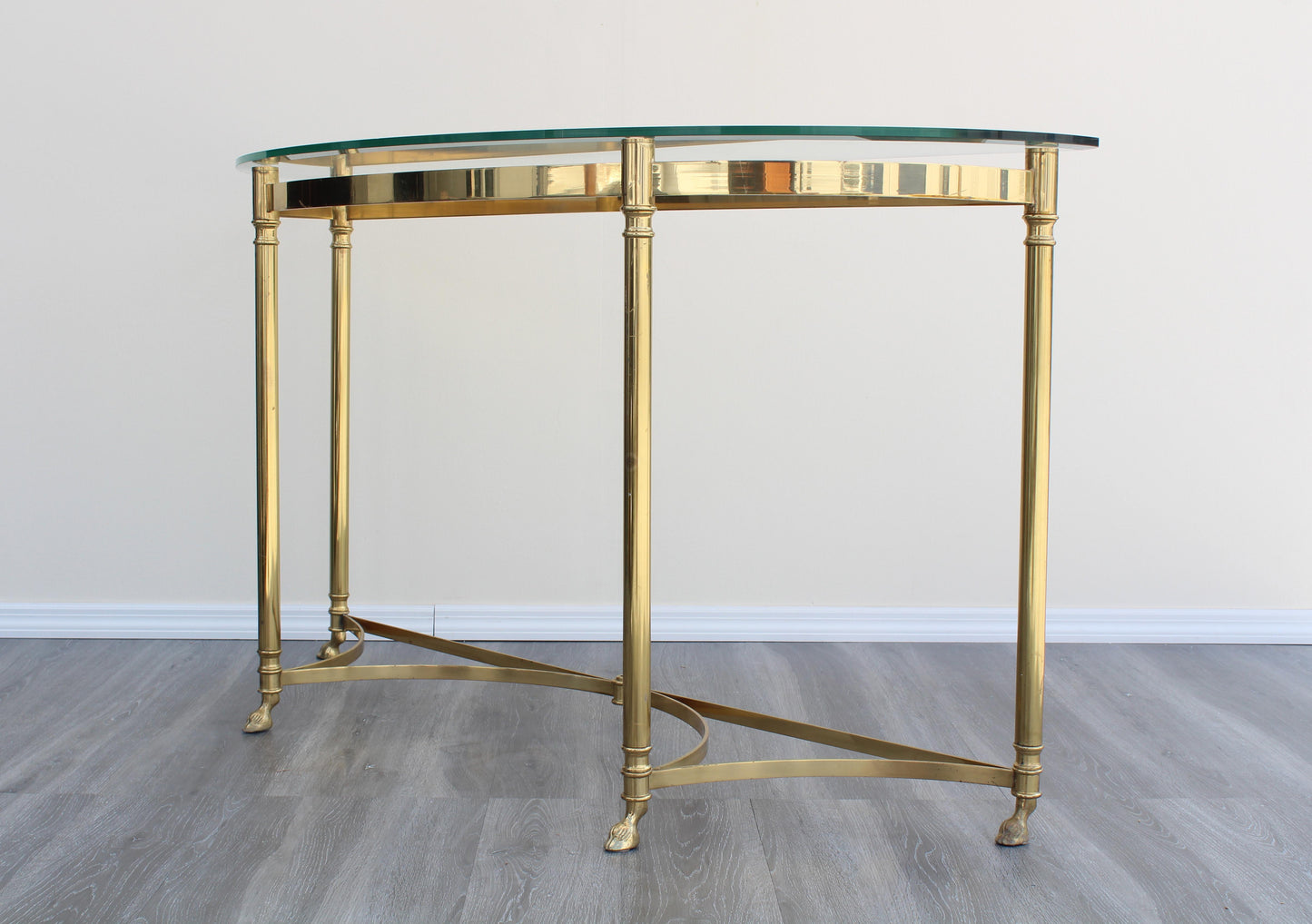 Vintage Solid Brass Italian Demilune Console Table With Rams Feet