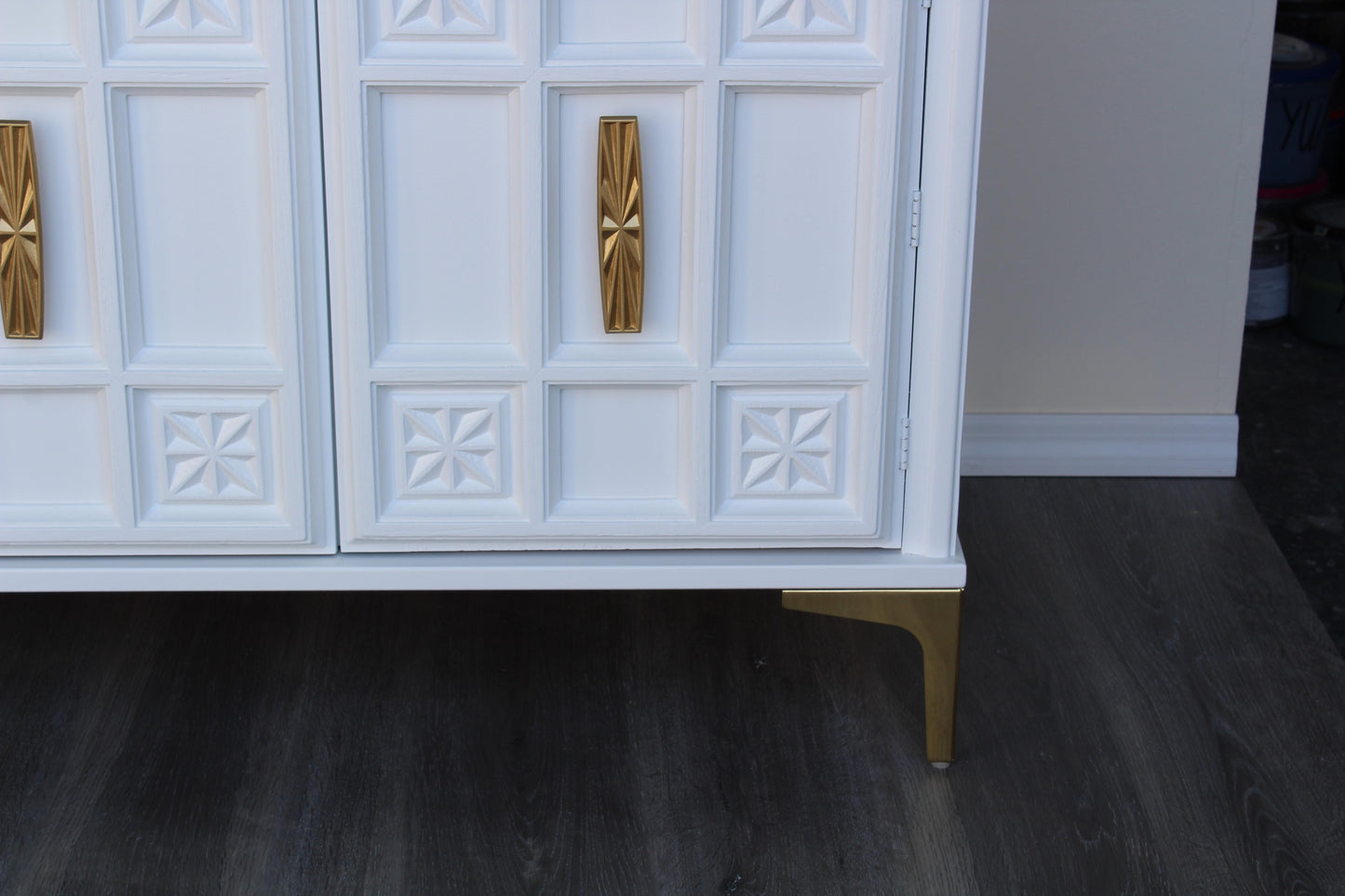 White Mid Century Media Console Table of Four Drawers