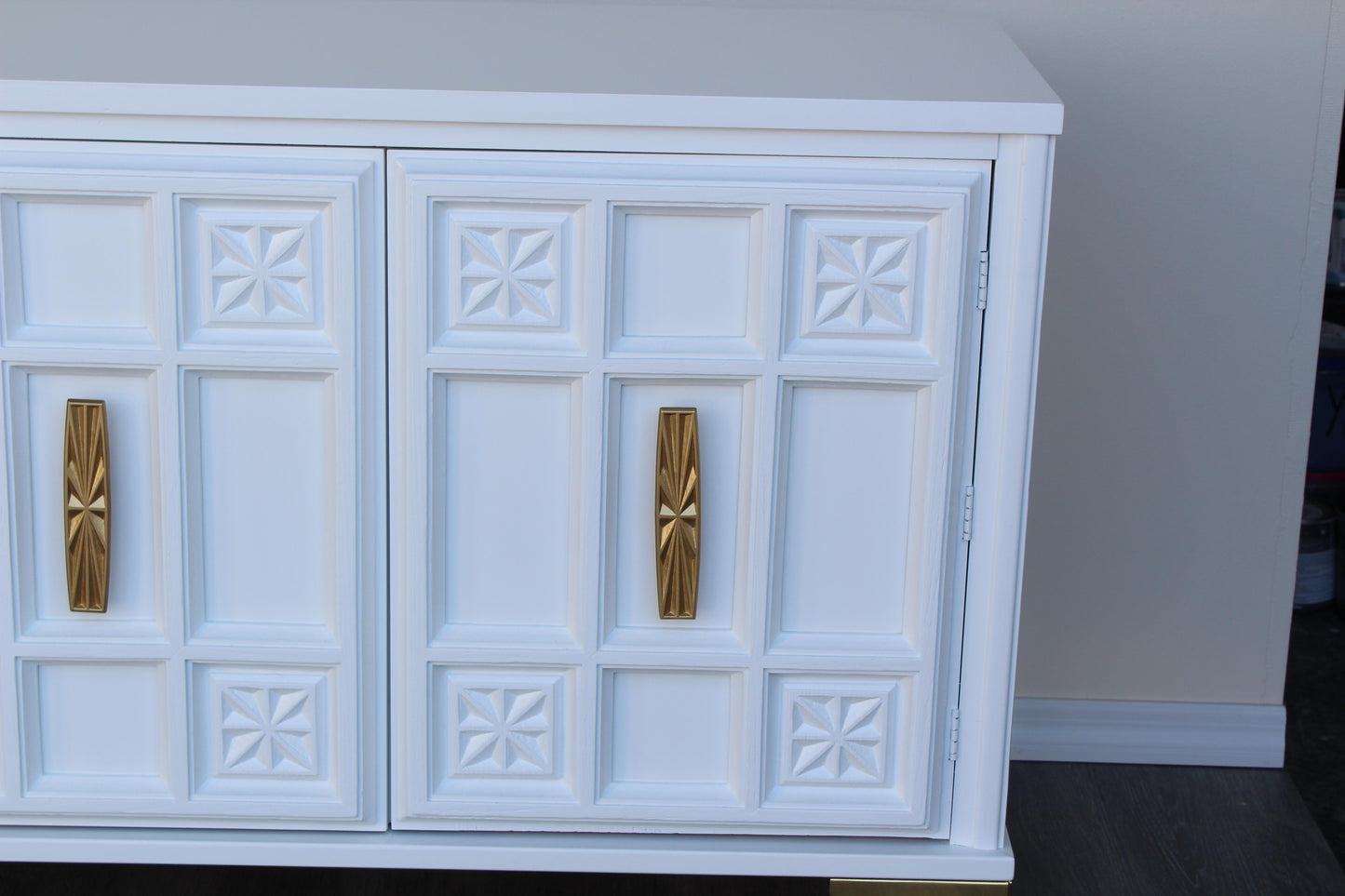 White Mid Century Media Console Table of Four Drawers