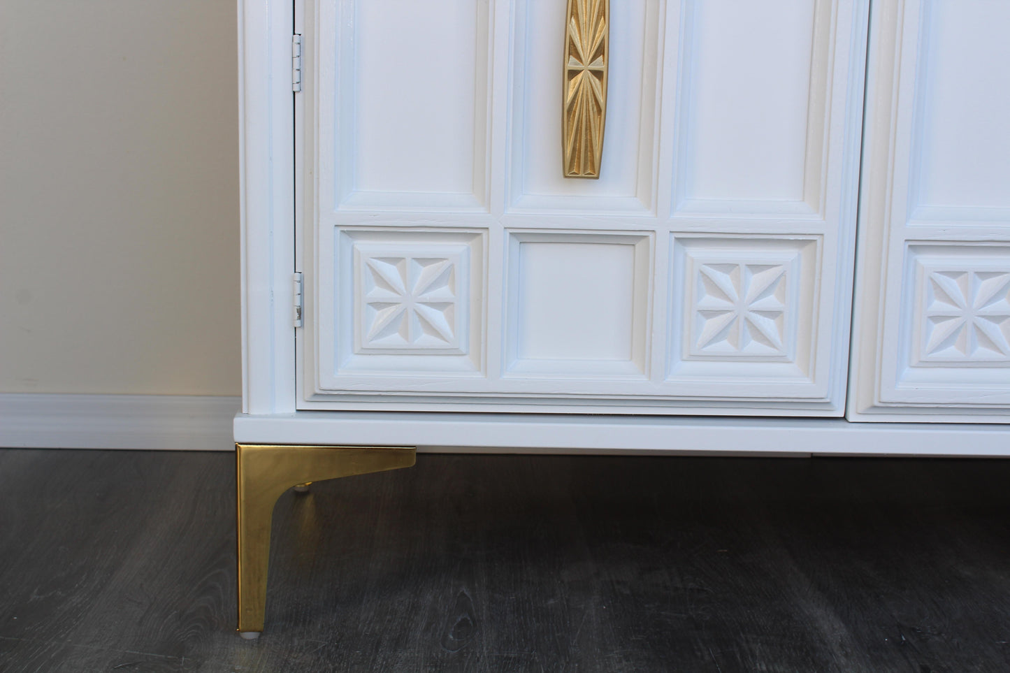 White Mid Century Media Console Table of Four Drawers