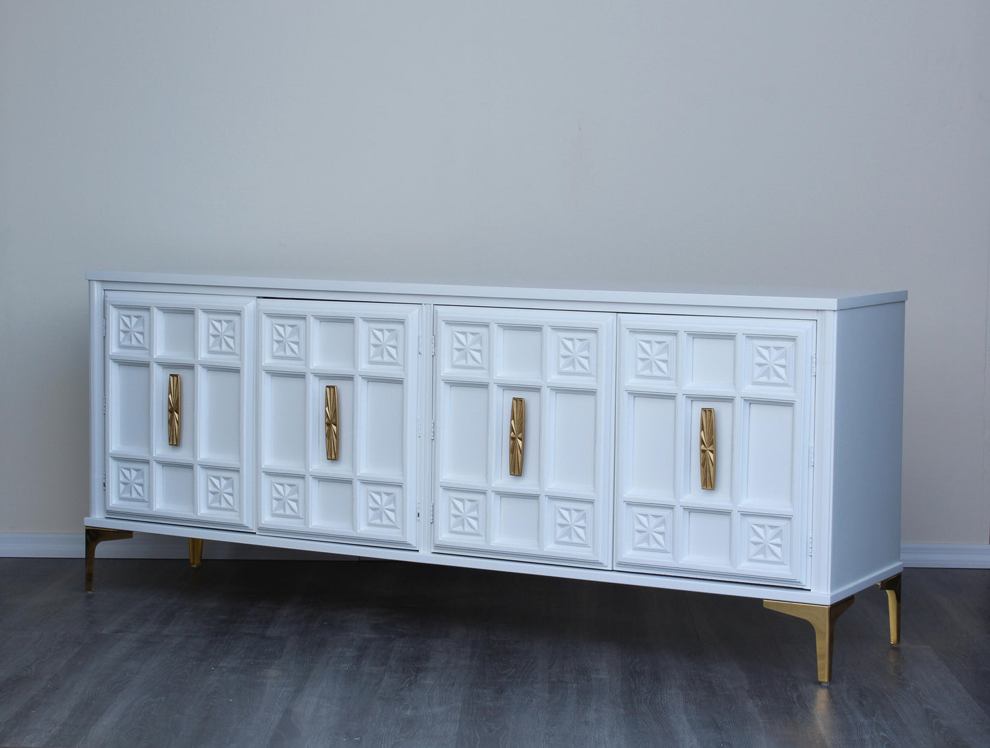 White Mid Century Media Console Table of Four Drawers