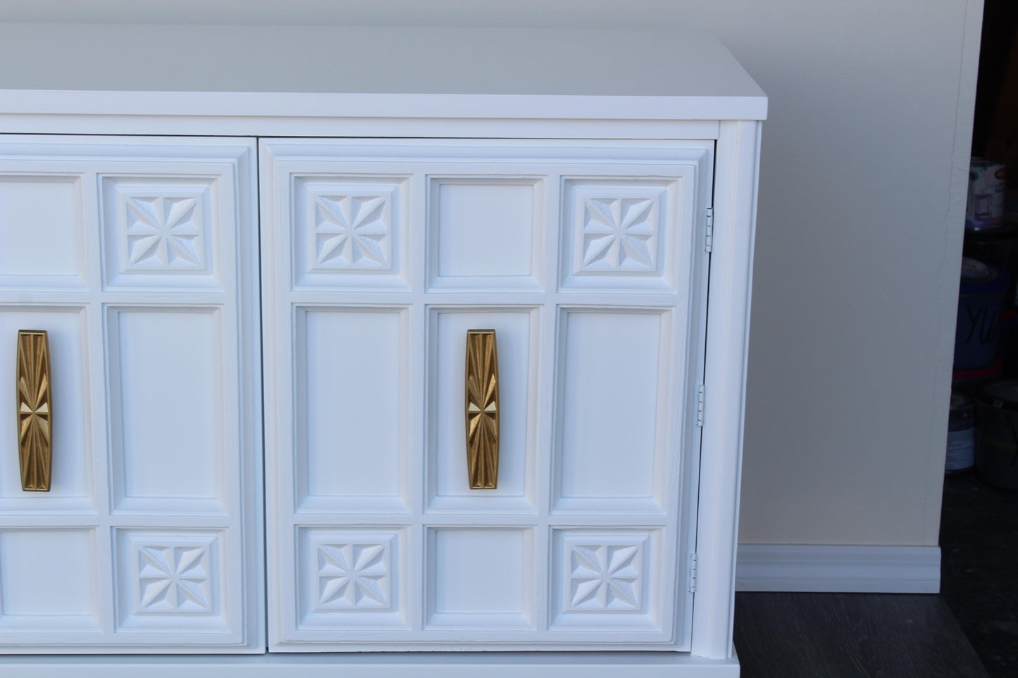 White Mid Century Media Console Table of Four Drawers