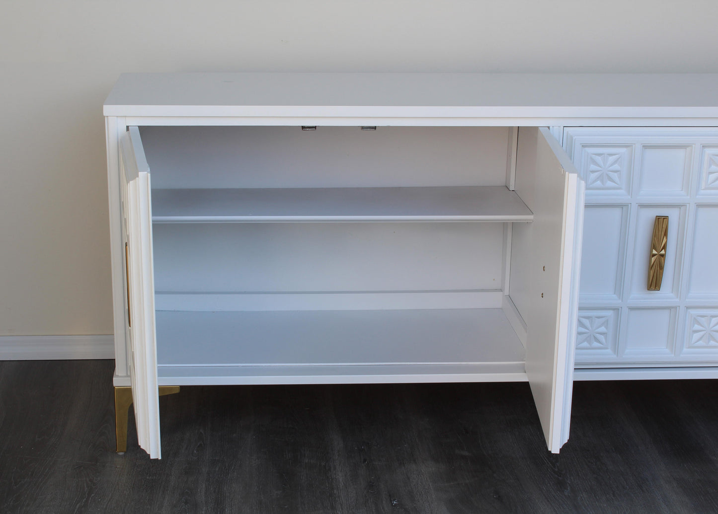 White Mid Century Media Console Table of Four Drawers