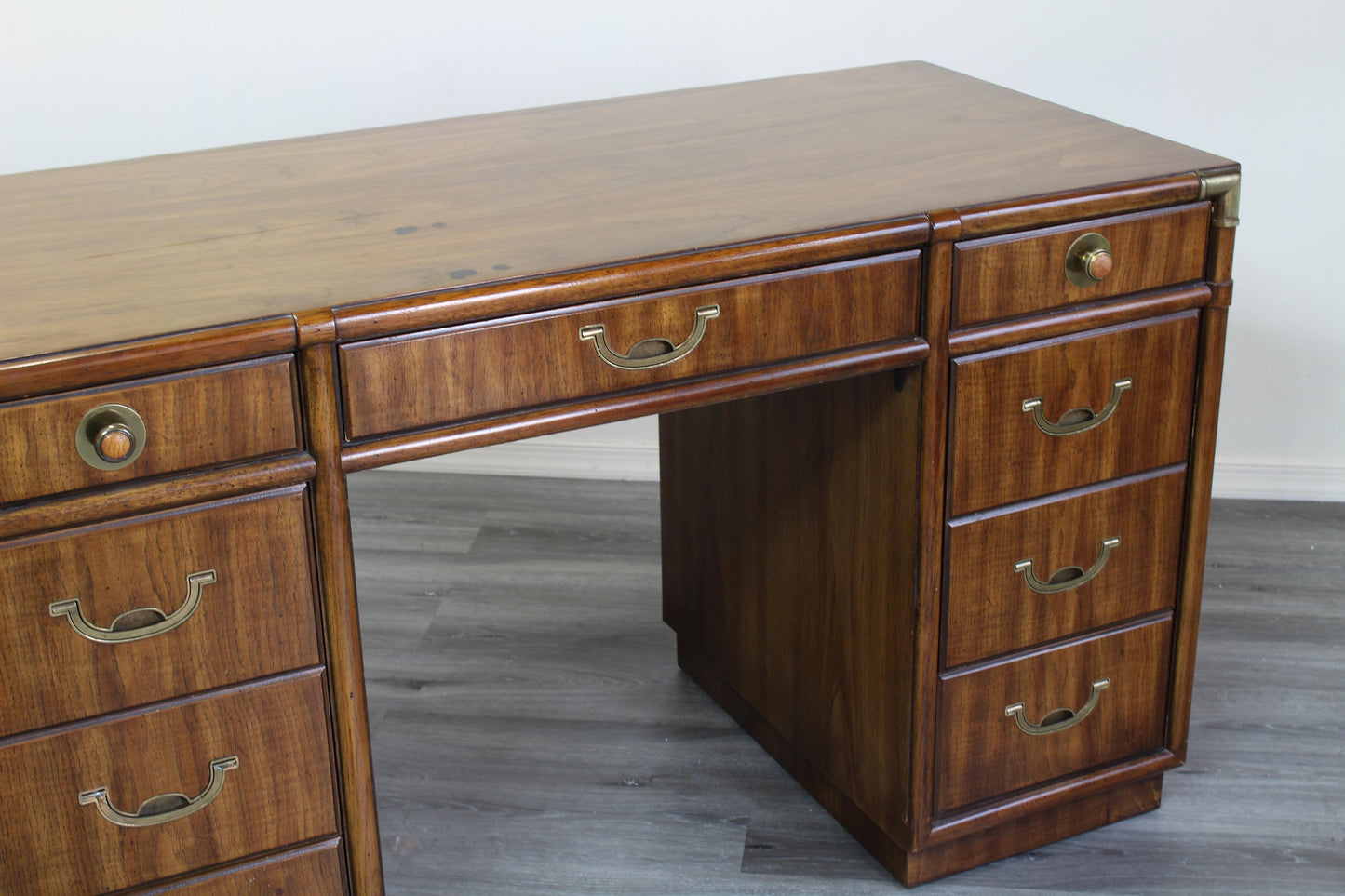 Mid Century Walnut Campaign Style Desk With Metal Hardware