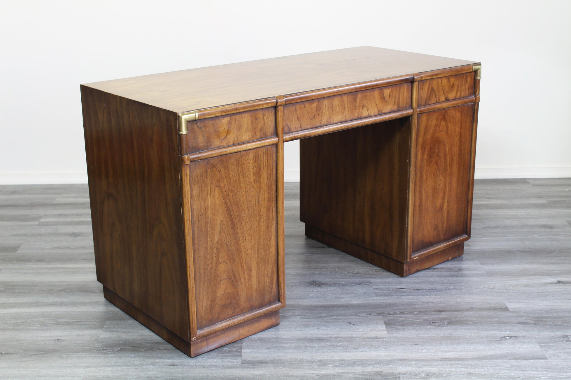 Mid Century Walnut Campaign Style Desk With Metal Hardware