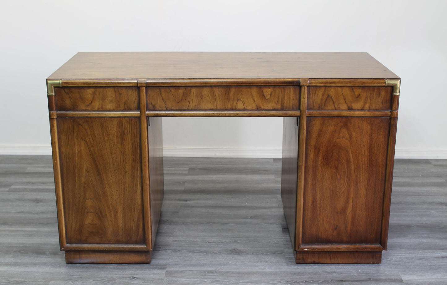 Mid Century Walnut Campaign Style Desk With Metal Hardware