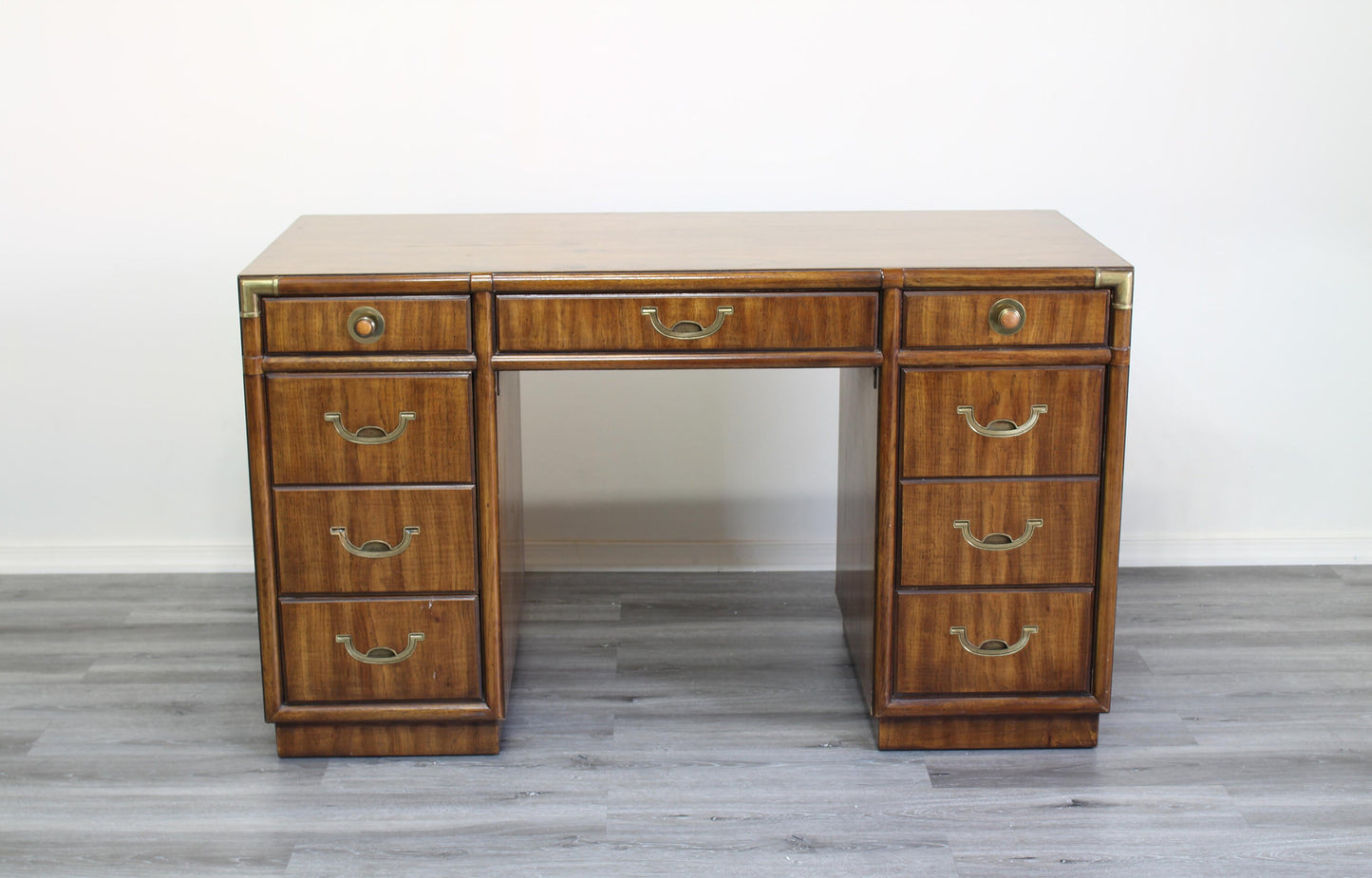 Mid Century Walnut Campaign Style Desk With Metal Hardware