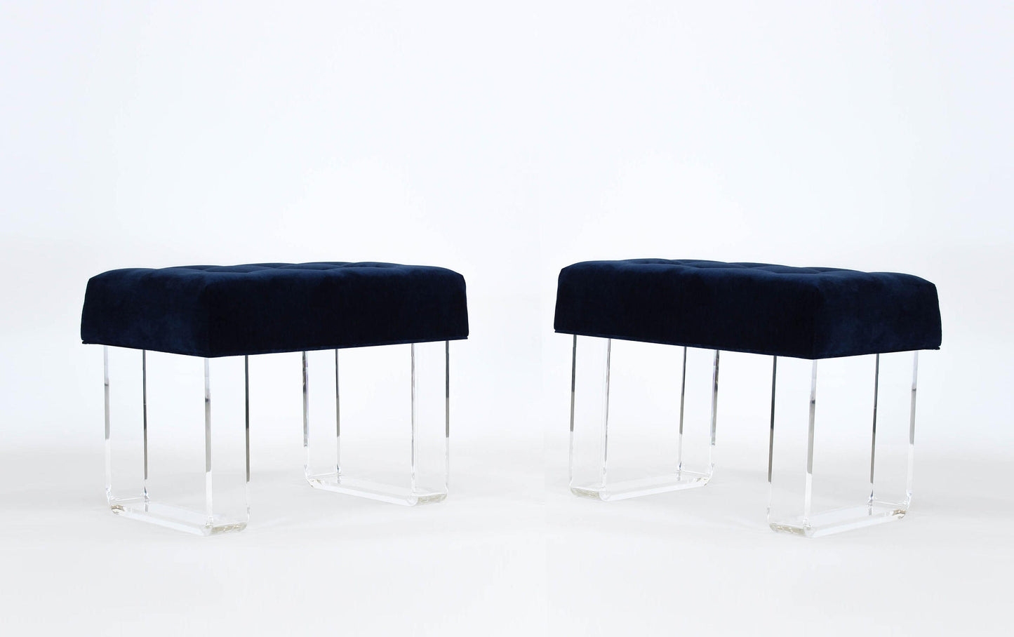 Blue Velvet Benches With Lucite Legs - a Pair