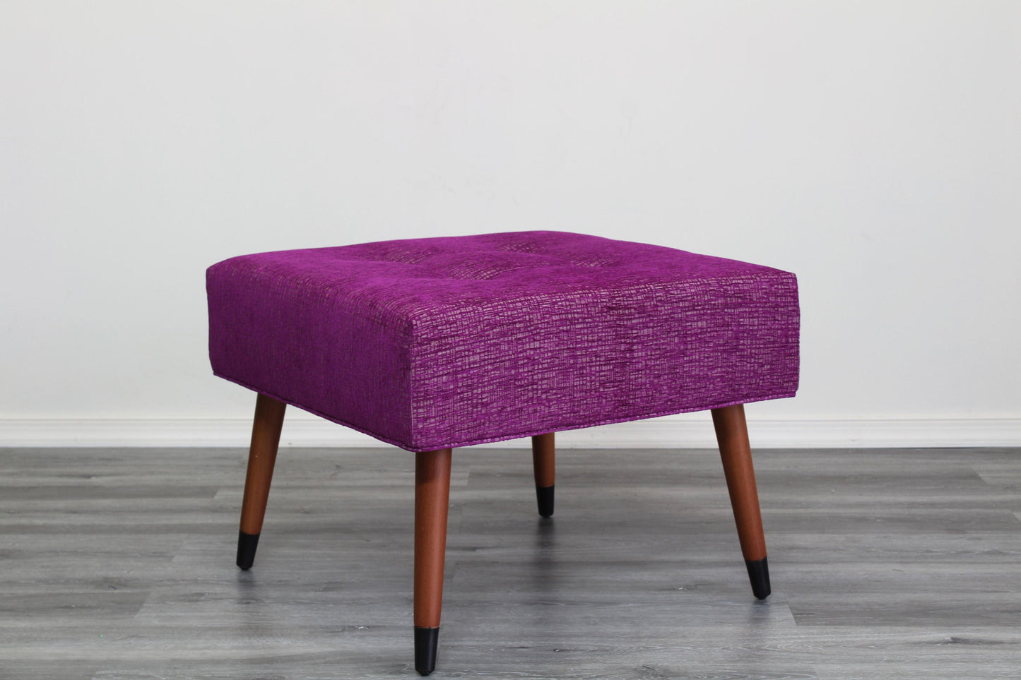 Mid Century Style Fuchsia Chenille Ottoman With Walnut Legs