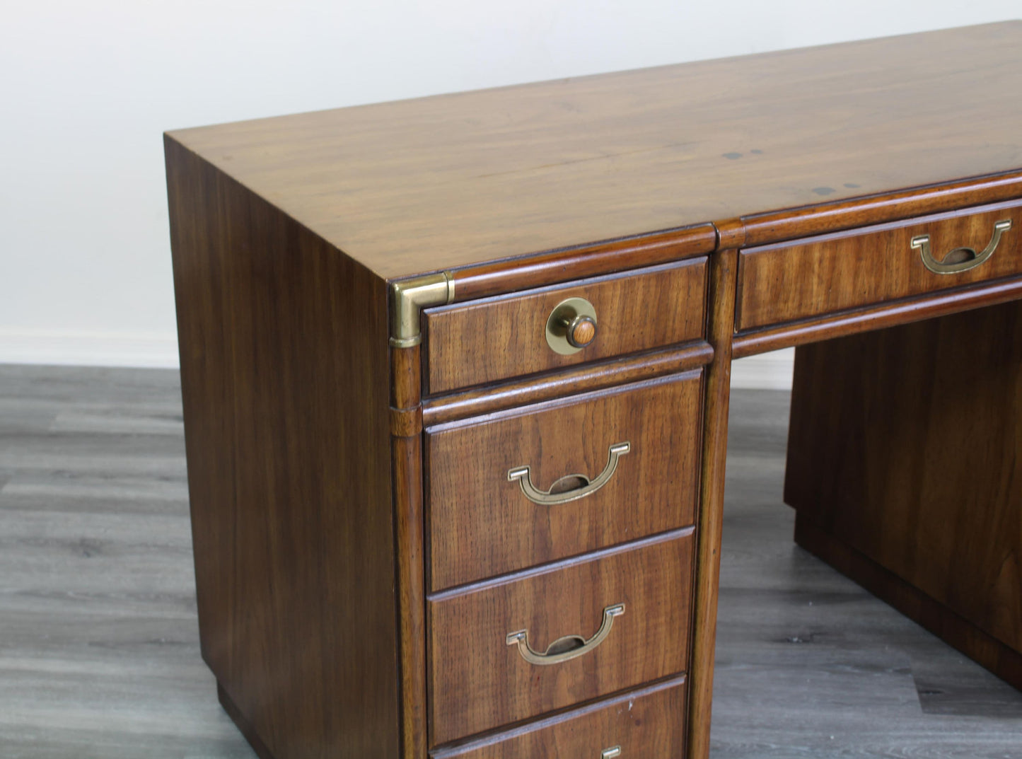 Mid Century Walnut Campaign Style Desk With Metal Hardware