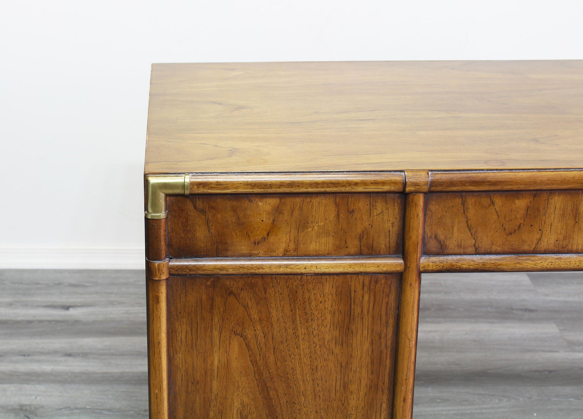 Mid Century Walnut Campaign Style Desk With Metal Hardware